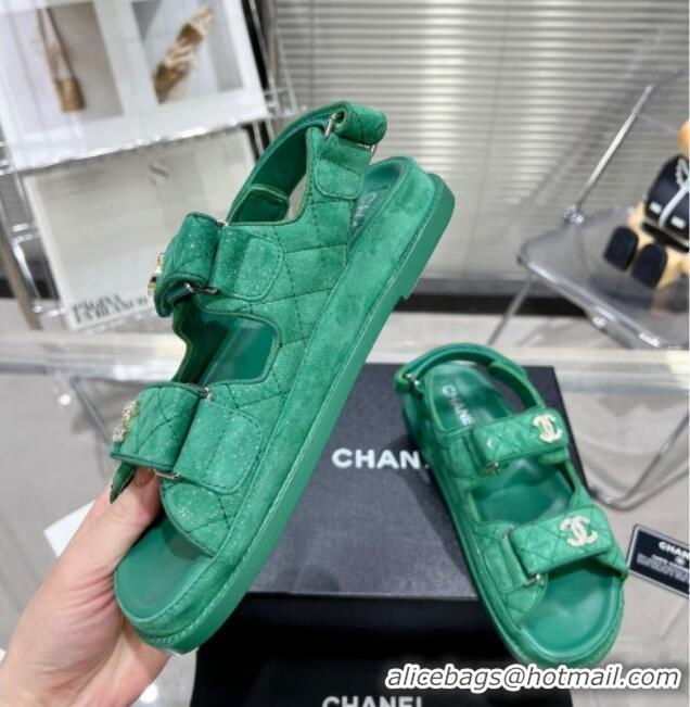 Best Product Chanel Suede Strap Flat Sandals with Crystal CC G35927 Green 012931