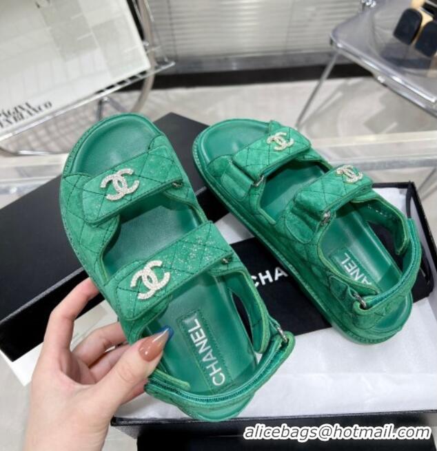 Best Product Chanel Suede Strap Flat Sandals with Crystal CC G35927 Green 012931