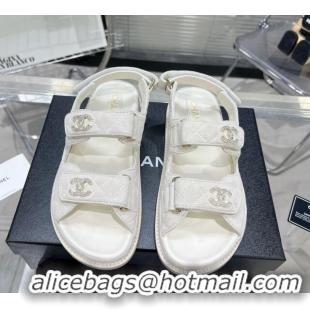 Top Design Chanel Suede Strap Flat Sandals with Crystal CC G35927 White 012932