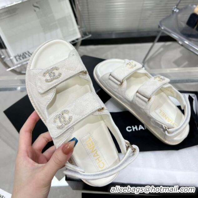 Top Design Chanel Suede Strap Flat Sandals with Crystal CC G35927 White 012932