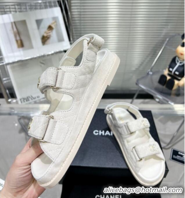 Top Design Chanel Suede Strap Flat Sandals with Crystal CC G35927 White 012932