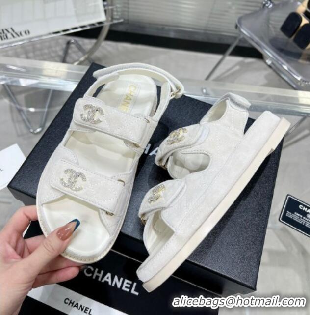 Top Design Chanel Suede Strap Flat Sandals with Crystal CC G35927 White 012932