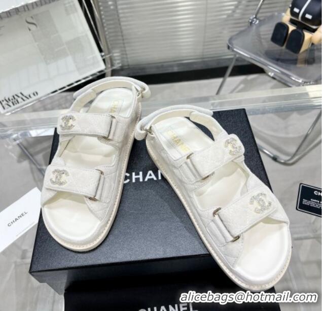 Top Design Chanel Suede Strap Flat Sandals with Crystal CC G35927 White 012932