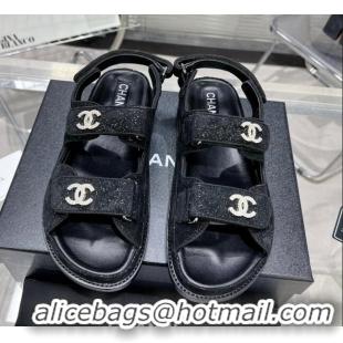 Low Price Chanel Suede Strap Flat Sandals with Crystal CC G35927 Black 012933