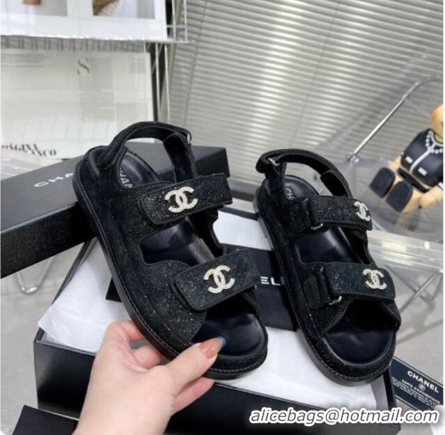 Low Price Chanel Suede Strap Flat Sandals with Crystal CC G35927 Black 012933