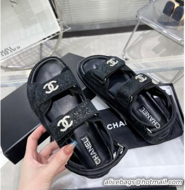 Low Price Chanel Suede Strap Flat Sandals with Crystal CC G35927 Black 012933