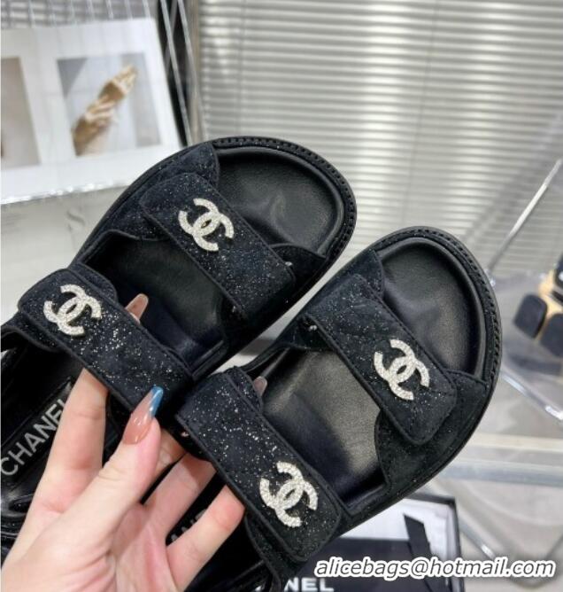 Low Price Chanel Suede Strap Flat Sandals with Crystal CC G35927 Black 012933