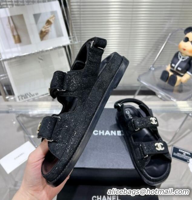 Low Price Chanel Suede Strap Flat Sandals with Crystal CC G35927 Black 012933