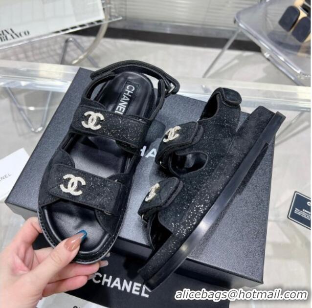 Low Price Chanel Suede Strap Flat Sandals with Crystal CC G35927 Black 012933