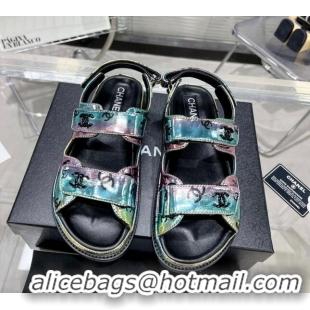 Best Price Chanel CC Print Leather Strap Flat Sandals G35927 Pink/Green 012934