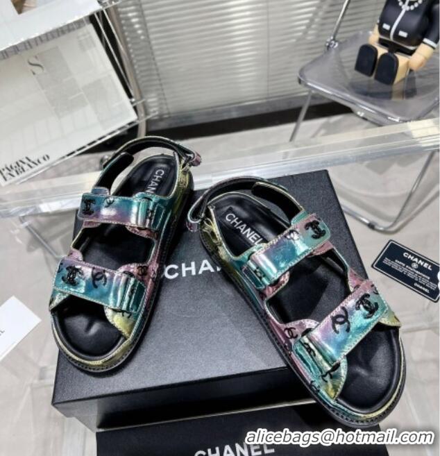 Best Price Chanel CC Print Leather Strap Flat Sandals G35927 Pink/Green 012934