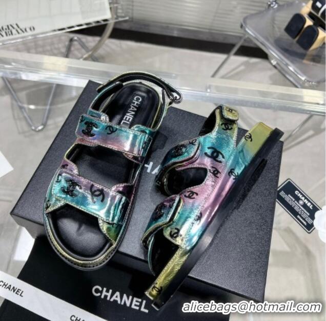 Best Price Chanel CC Print Leather Strap Flat Sandals G35927 Pink/Green 012934