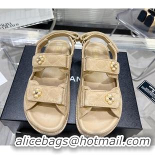 Sophisticated Chanel Tweed Strap Flat Sandals with Pearl Bloom G35927 Camel Brown 012935