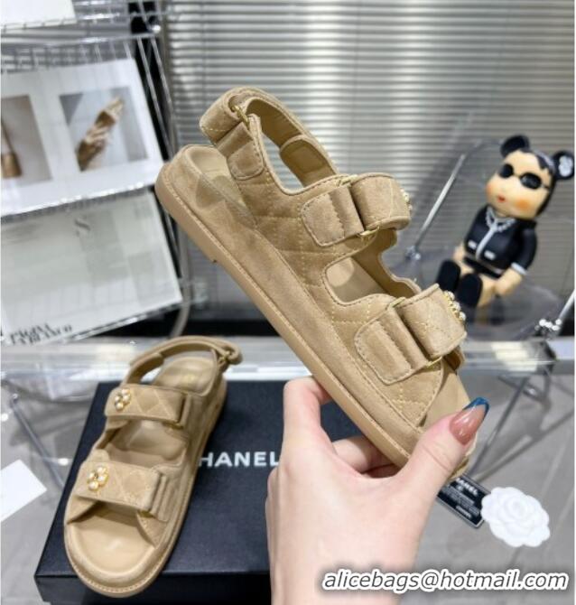 Sophisticated Chanel Tweed Strap Flat Sandals with Pearl Bloom G35927 Camel Brown 012935