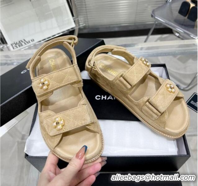 Sophisticated Chanel Tweed Strap Flat Sandals with Pearl Bloom G35927 Camel Brown 012935