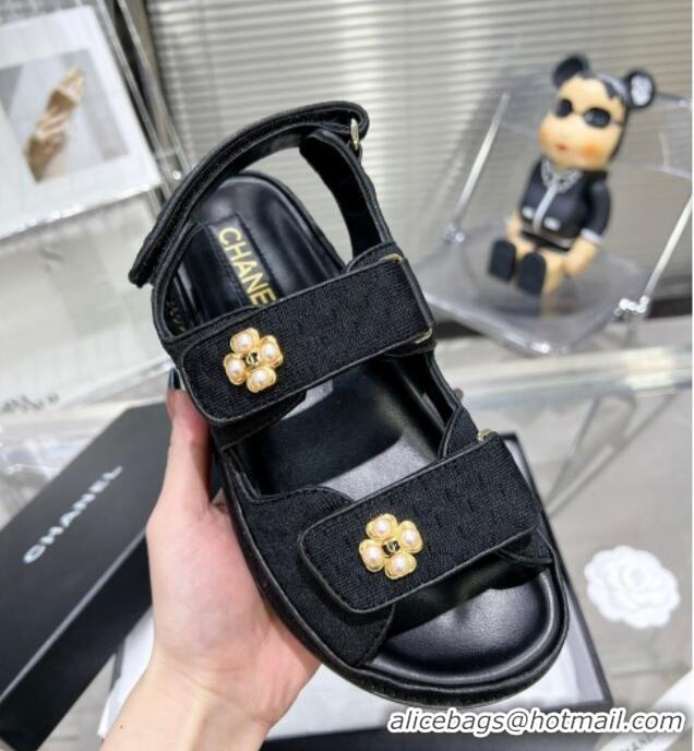 Classic Hot Chanel Tweed Strap Flat Sandals with Pearl Bloom G35927 Black 012936