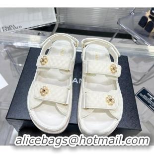 Grade Quality Chanel Tweed Strap Flat Sandals with Pearl Bloom G35927 White 012937