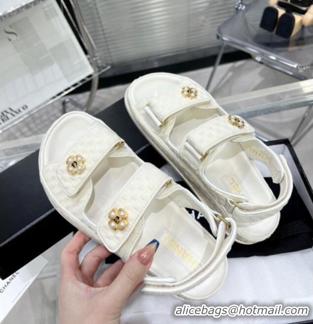 Grade Quality Chanel Tweed Strap Flat Sandals with Pearl Bloom G35927 White 012937