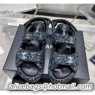 Best Grade Chanel Iridescent Tweed Strap Flat Sandals with Bloom G35927 Navy Blue 012938