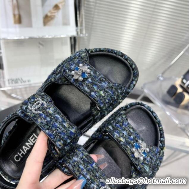 Best Grade Chanel Iridescent Tweed Strap Flat Sandals with Bloom G35927 Navy Blue 012938