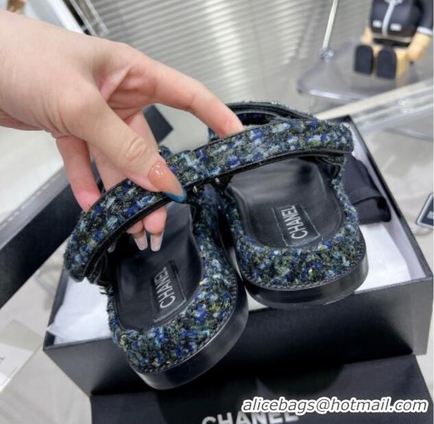 Best Grade Chanel Iridescent Tweed Strap Flat Sandals with Bloom G35927 Navy Blue 012938