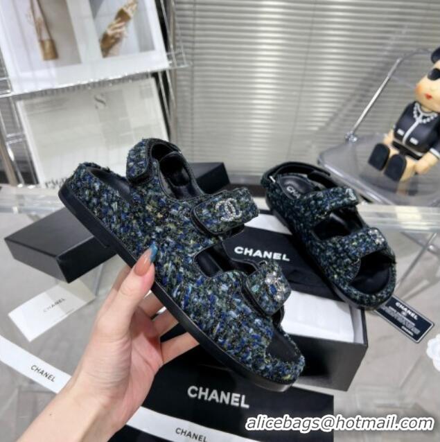 Best Grade Chanel Iridescent Tweed Strap Flat Sandals with Bloom G35927 Navy Blue 012938