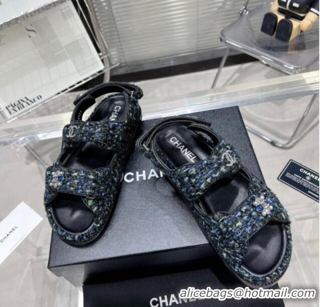 Best Grade Chanel Iridescent Tweed Strap Flat Sandals with Bloom G35927 Navy Blue 012938