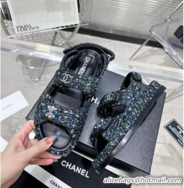 Best Grade Chanel Iridescent Tweed Strap Flat Sandals with Bloom G35927 Navy Blue 012938