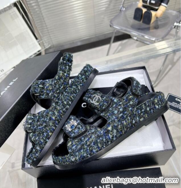 Best Grade Chanel Iridescent Tweed Strap Flat Sandals with Bloom G35927 Navy Blue 012938