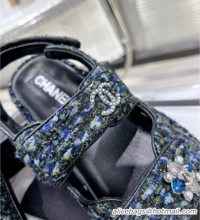 Best Grade Chanel Iridescent Tweed Strap Flat Sandals with Bloom G35927 Navy Blue 012938