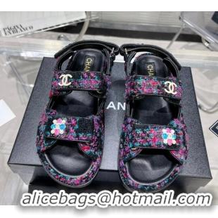 Good Product Chanel Tweed Strap Flat Sandals with Bloom G35927 Pink/Multicolor 012939