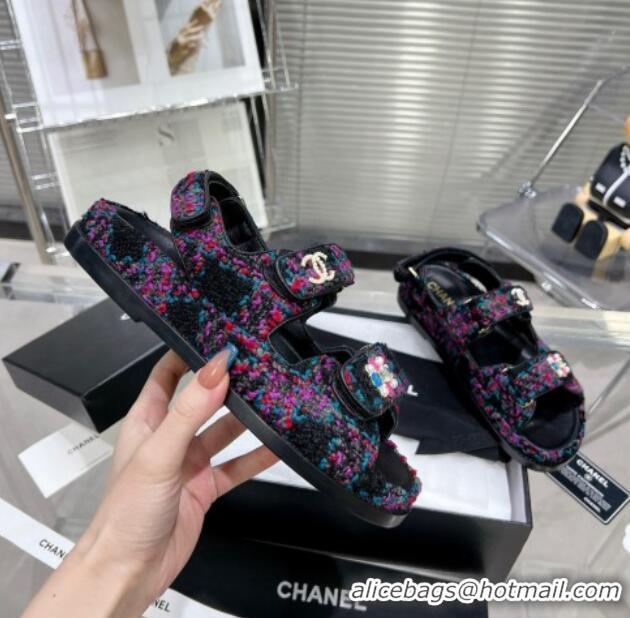 Good Product Chanel Tweed Strap Flat Sandals with Bloom G35927 Pink/Multicolor 012939