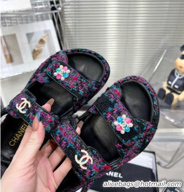 Good Product Chanel Tweed Strap Flat Sandals with Bloom G35927 Pink/Multicolor 012939