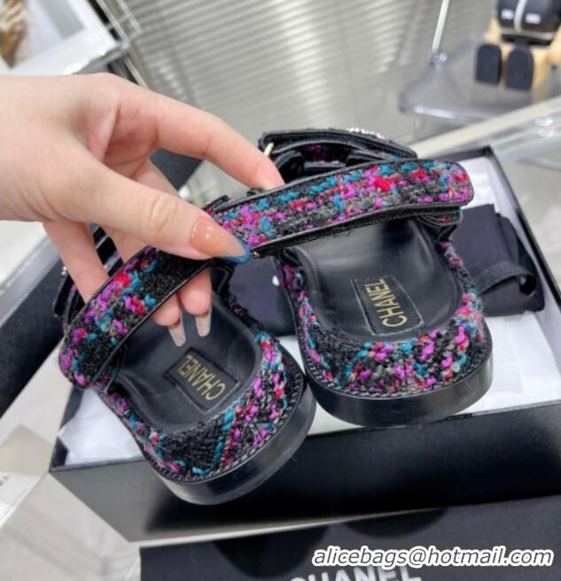 Good Product Chanel Tweed Strap Flat Sandals with Bloom G35927 Pink/Multicolor 012939