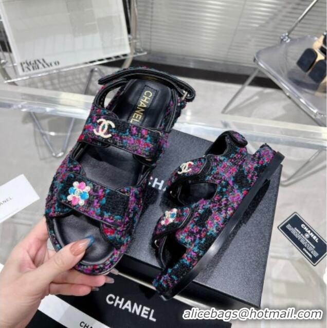 Good Product Chanel Tweed Strap Flat Sandals with Bloom G35927 Pink/Multicolor 012939