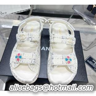 Charming Chanel Tweed Strap Flat Sandals with Crystal CC G35927 White 012940