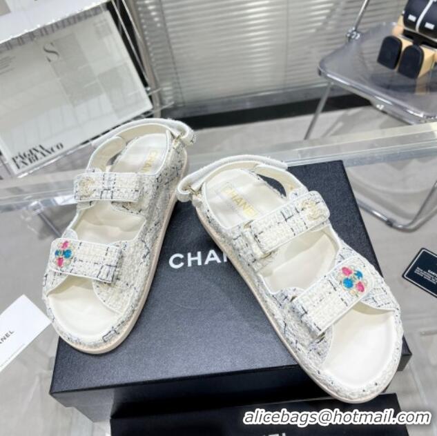 Charming Chanel Tweed Strap Flat Sandals with Crystal CC G35927 White 012940