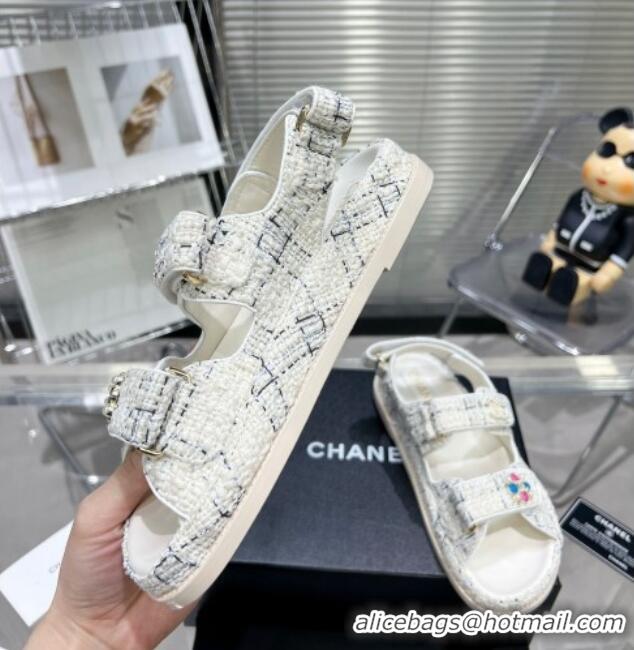 Charming Chanel Tweed Strap Flat Sandals with Crystal CC G35927 White 012940