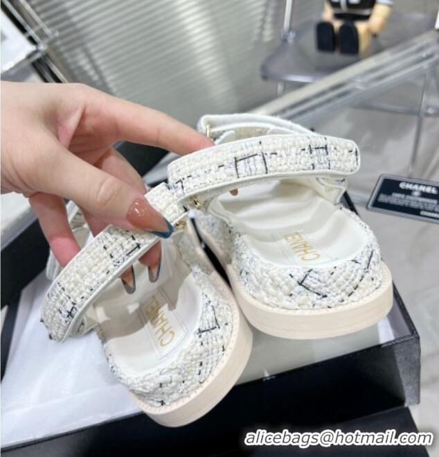 Charming Chanel Tweed Strap Flat Sandals with Crystal CC G35927 White 012940