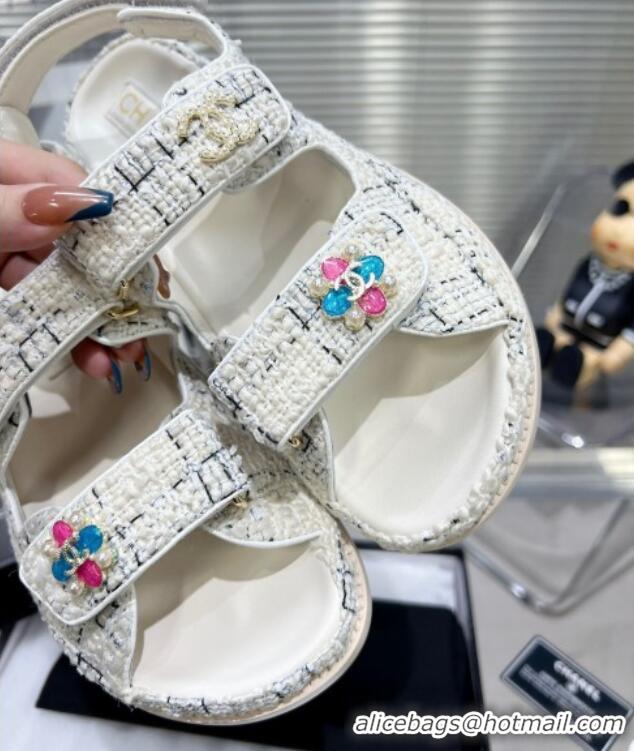 Charming Chanel Tweed Strap Flat Sandals with Crystal CC G35927 White 012940