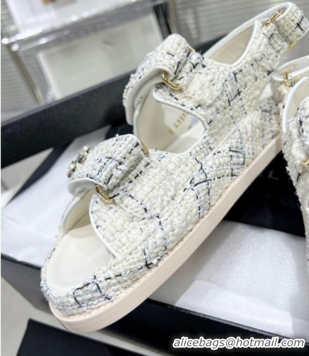 Charming Chanel Tweed Strap Flat Sandals with Crystal CC G35927 White 012940