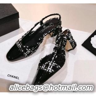 Stylish Chanel Glittered Tweed & Patent Calfskin Slingback Pumps 6.5cm G31318 Black/White