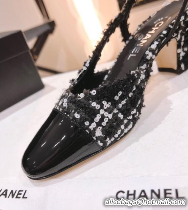 Stylish Chanel Glittered Tweed & Patent Calfskin Slingback Pumps 6.5cm G31318 Black/White