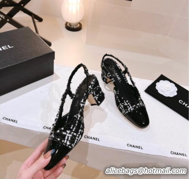 Stylish Chanel Glittered Tweed & Patent Calfskin Slingback Pumps 6.5cm G31318 Black/White