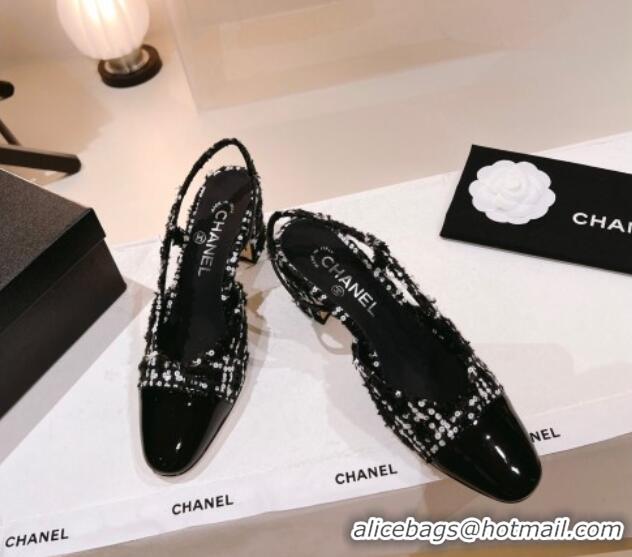 Stylish Chanel Glittered Tweed & Patent Calfskin Slingback Pumps 6.5cm G31318 Black/White