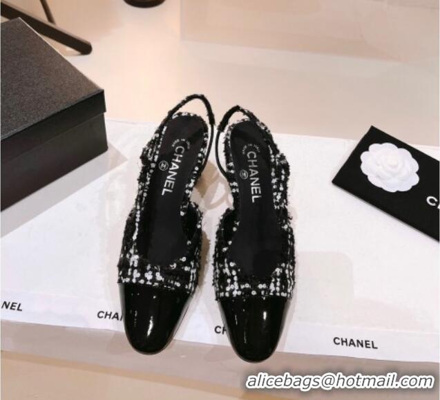 Stylish Chanel Glittered Tweed & Patent Calfskin Slingback Pumps 6.5cm G31318 Black/White