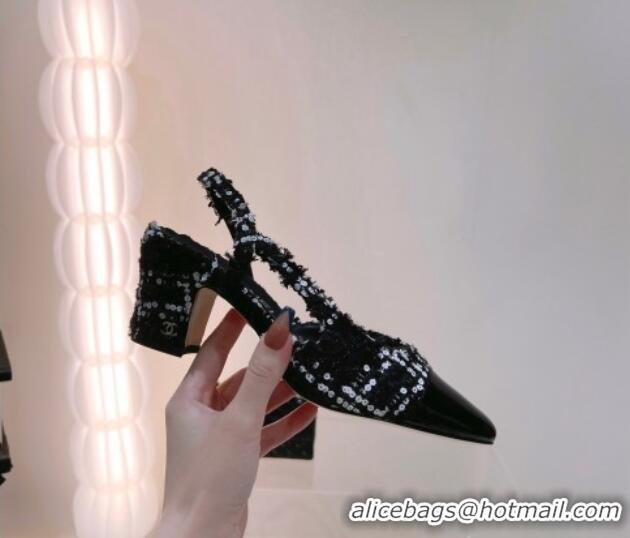 Stylish Chanel Glittered Tweed & Patent Calfskin Slingback Pumps 6.5cm G31318 Black/White