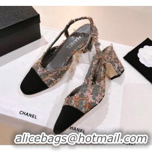 Grade Chanel Tweed & Grosgrain Slingback Pumps 6.5cm G31318 Grey/Pink