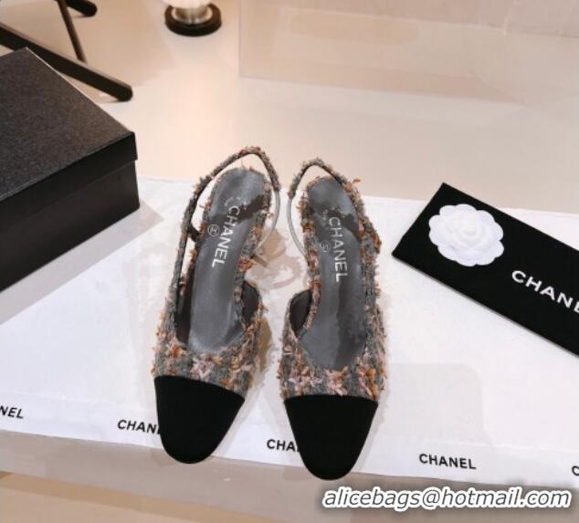 Grade Chanel Tweed & Grosgrain Slingback Pumps 6.5cm G31318 Grey/Pink