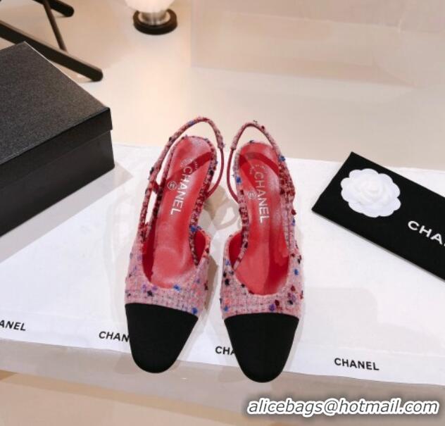 Sumptuous Chanel Tweed & Grosgrain Slingback Pumps 6.5cm G31318 Pink/Burgundy/Black